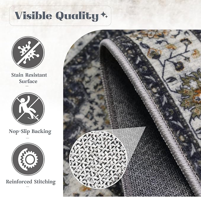 Area Rug 9x12 Washable Rug, Vintage Boho Medallion Rugs Non-Slip Soft Low Pile Large Distressed Rug Indoor Retro Carpet for Living Room Bedroom Dining Room Home Office (Vintage Black, 9'x12')