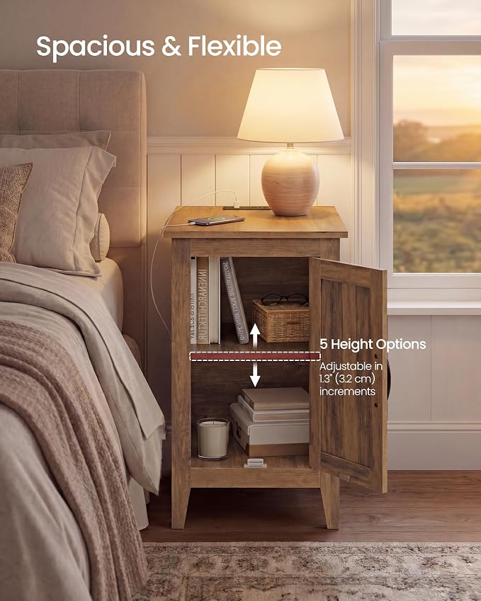 VASAGLE LIRY Collection - End Table with Charging Station, Narrow Side Table with Storage Cabinet, Nightstand for Bedroom, Home Office, Warm Brown ULET131K101S