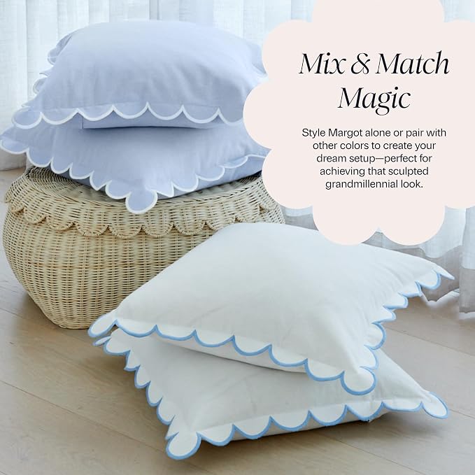 BEBE BASK Scalloped Pillow Cover Set of 2, 18x18, Cotton - Sky Blue/White | 100% Cotton, Scallop Pillow Covers, Grandmillennial Style, 18 by 18 Inch, Easy to Care, Machine Washable, Scalloped Pillows