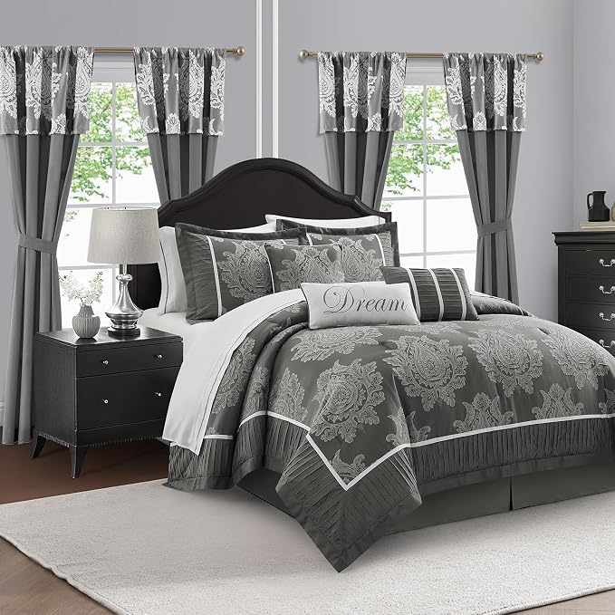Grey King Size Comforter Set, 15 Pieces, Damask Jacquard Woven, Bedding Set with Sheets, Room in a Bag, Comforter, Bed Skirt, Pillow Shams and Decor Pillows, Curtains