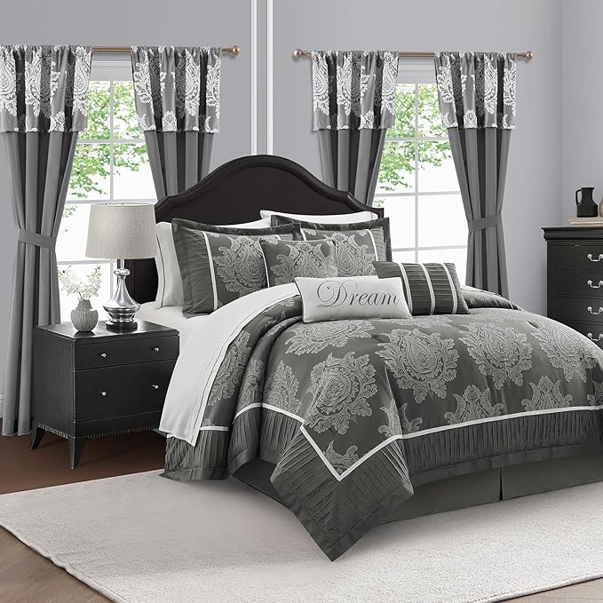Grey California King Comforter Set, 15 Pieces, Damask Jacquard Woven, Bedding Set with Sheets, Room in a Bag, Comforter, Bed Skirt, Pillow Shams and Decor Pillows, Curtains