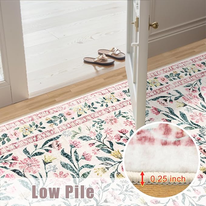 PLHXFR 8x10 Area Rug Living Room: Floral Washable Boho Carpet Pink Green | For Bedroom Dining Room Farmhouse Nursery Hallway,Vintage Floral,Machine washable,Non Slip,Stain Resistant,Large Indoor