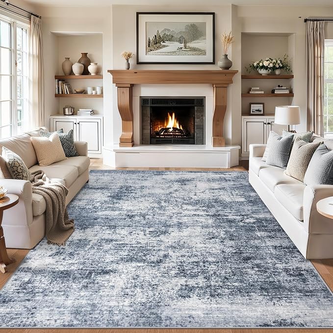 PLHXFR 10x14 Area Rug Living Room: Abstract Washable Carpet Grey Blue | For Bedroom Dining Room Farmhouse Nursery Home,Machine washable,Non Slip,Large Soft Neutral,Stain Resistant, Indoor Floor