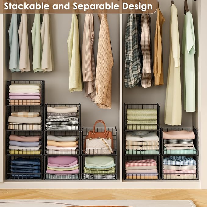 Stackable Closet Organizers and Storage Baskets, 4-Tier Closet Shelf Organizer , Space-Saving Clothes Storage Drawer, Foldable Clothes Storage Bins for Closet Organizer System, Black(Patent 30022416)