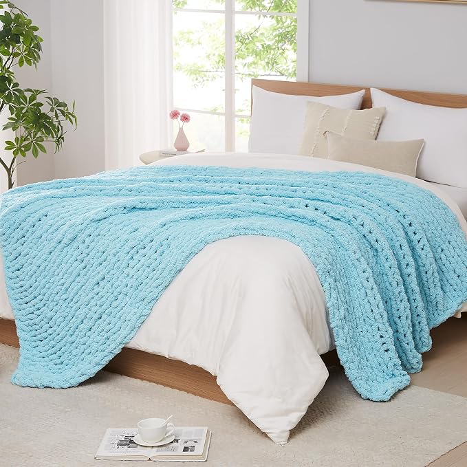 L'AGRATY Chunky Knit Throw Blanket for Couch, 72 x 84 Inches, Light Blue | Handmade Chenille Crochet Blanket for Sofa Bed, Thick Cable Knitted Blankets for Room Home Decor, Birthday Gift for Women Mom