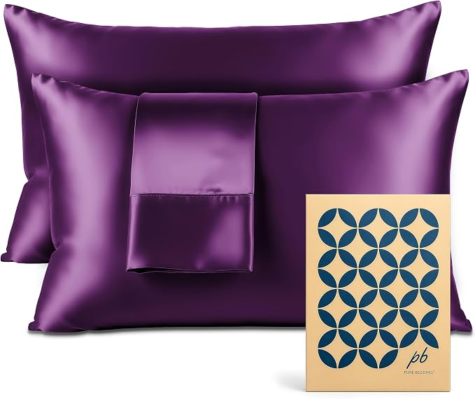 Pure Bedding Satin Pillowcase 2 Pack - Queen Size (20"x30", Purple) - Silky Pillow Cases for Hair and Skin - Satin Pillow Covers with Envelope Closure - Extra Soft Premium Microfiber