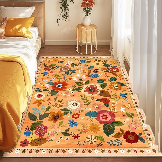 RELEANY Floral Washable 3x5 Area Rugs Orange/Yellow/Red | Flower Carpet, Print, Boho, Non-Slip, Easy to Clean, Soft, Low Pile for Living Room Bedroom Kitchen Office Entryway Hallway