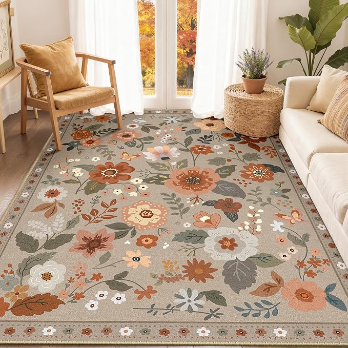 RELEANY Floral Washable 6x9 Area Rugs Brown/Brick | Flower Carpet, Print, Boho, Non-Slip, Easy to Clean, Soft, Low Pile for Living Room Bedroom Kitchen Office Entryway Hallway