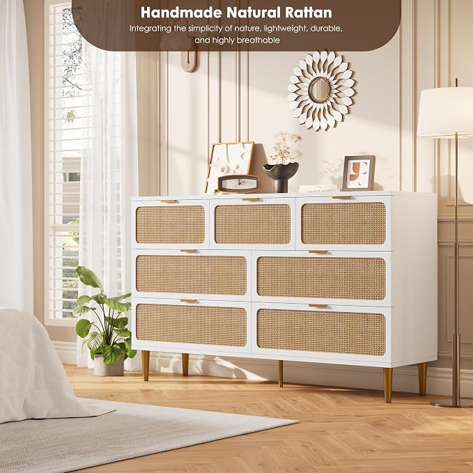 GarveeHome Rattan 7 Drawer Dressers for Bedroom, Deep Drawer, White | Tall Dresser, Wide Top, for Living Room, Hallway, Kids Room, Large Chest of Drawers for Closet, Long Wooden Dresser