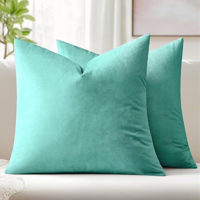 MIULEE 26x26 Inch Pack of 2 Euro Velvet Throw Pillow Covers Aqua Green | Soft Solid Decorative Euro Sham, Modern Luxury Home Decor, for King Bed Sofa Couch Bedroom Livingroom