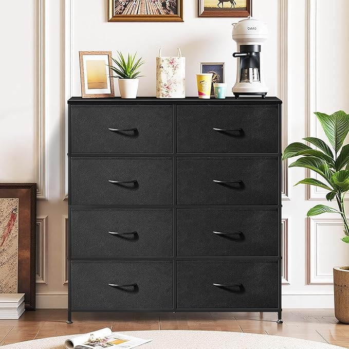 8-Drawer Dresser for Bedroom, Anti-Tip Tall Storage Organizer | Chest of Drawers with Wooden Top and Metal Frame Fabric Bins for Closet, Living Room, Hallway, Entryway, Black