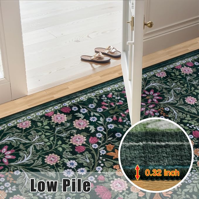 PLHXFR 2x3 Small Entryway Rug: Floral Washable Indoor Carpet Dark Green | For Entrance, Bedroom, Kitchen, Laundry, Bathroom,Door Mat,Vintage Floral,Machine washable,Non-Slip,Stain Resistant,Indoor