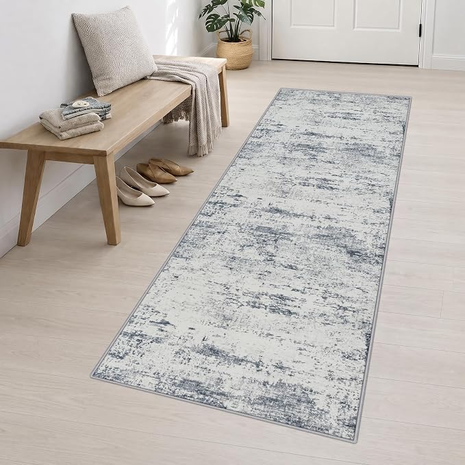 3x10 Washable Runner Rug：Modern Abstract Soft Carpet Blue Grey | For Hallway, Bedroom, Kitchen, Laundry, Bathroom,Door Mat,Modern Abstract,Machine washable,Non-Slip,Stain Resistant,Indoor