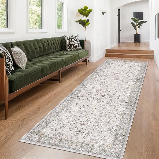 Washable Long Runners for Hallways, 3x8 Low Pile Kitchen Runner Rug, Bohemian Light Gray & Sage Entryway Indoor Rug, Distressed Floral Geometric Design, Non-Slip Stain & Fade Resistant