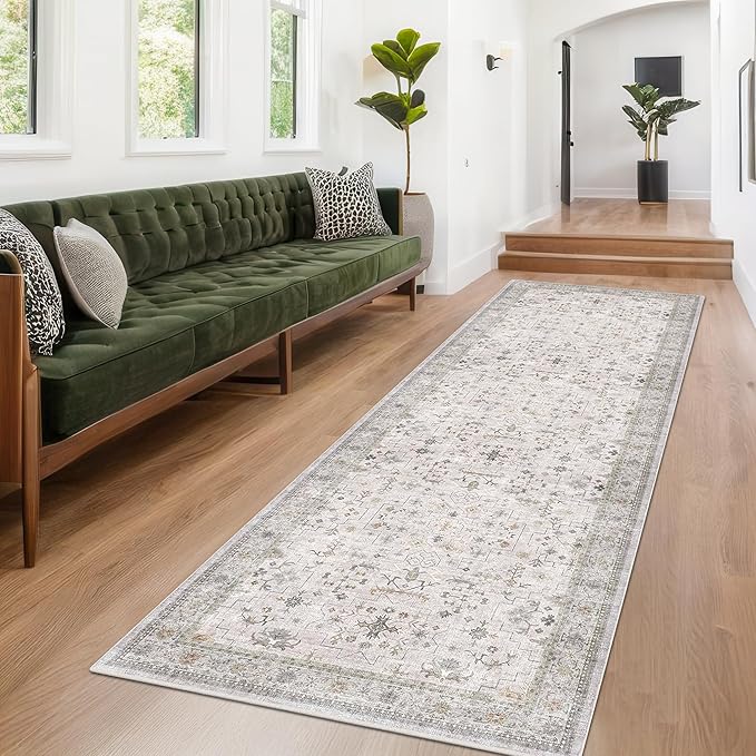 Boho Washable 10ft Long Runners for Hallways, Light Gray & Sage 2'6"x10' Wide Kitchen Runner Rug, Vintage Entryway Indoor Rug, Non-Slip Stain Resistant Low Pile Throw Rug