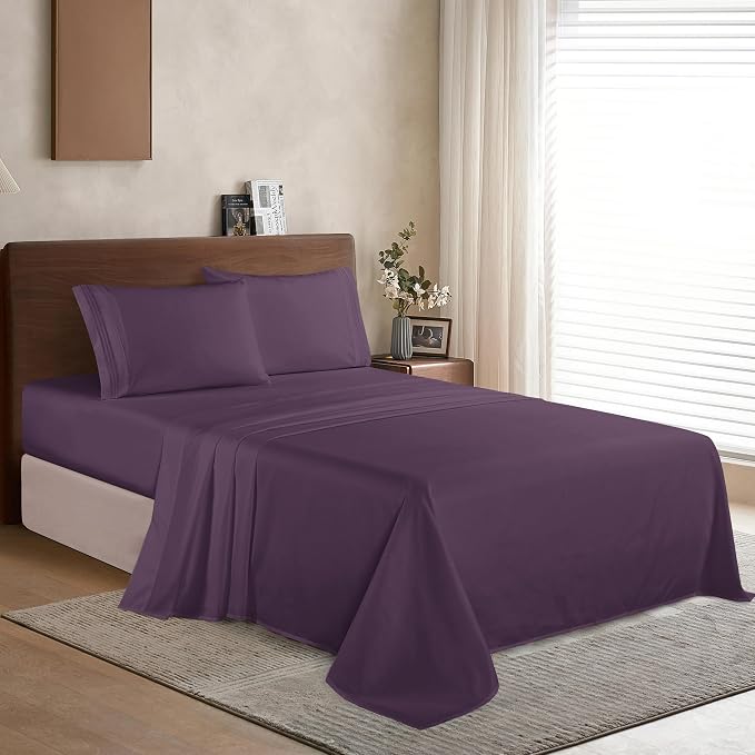 Elegant Comfort Luxury 1500 Premium Hotel Quality Microfiber 4-Piece Sheet Set - Wrinkle Resistant, All Around Elastic Fitted Sheet, Deep Pocket up to 16", Queen, Purple