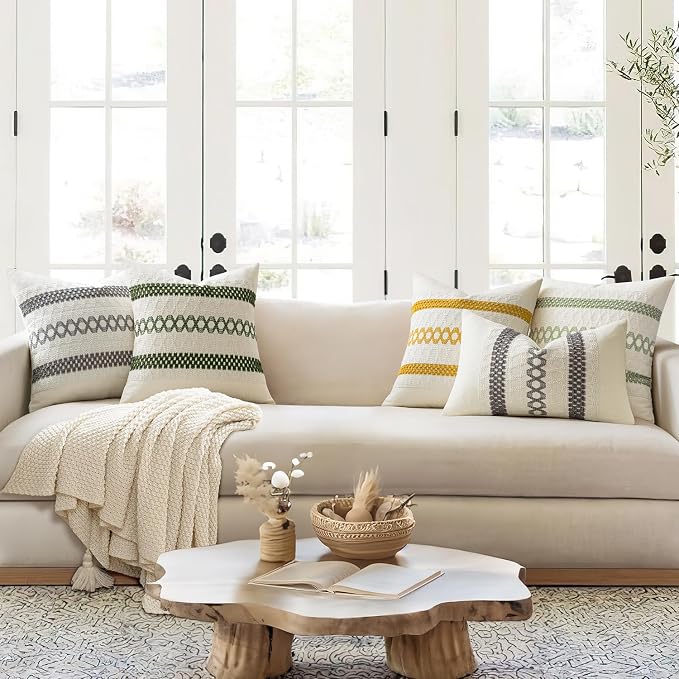 MIULEE Set of 2 Moss Green Boho Decorative Pillow Covers 20x20 Inch | Farmhouse Couch Throw Pillows, Modern Cotton Cushion Covers, Macrame Woven Spring Decor for Bed Sofa Chair