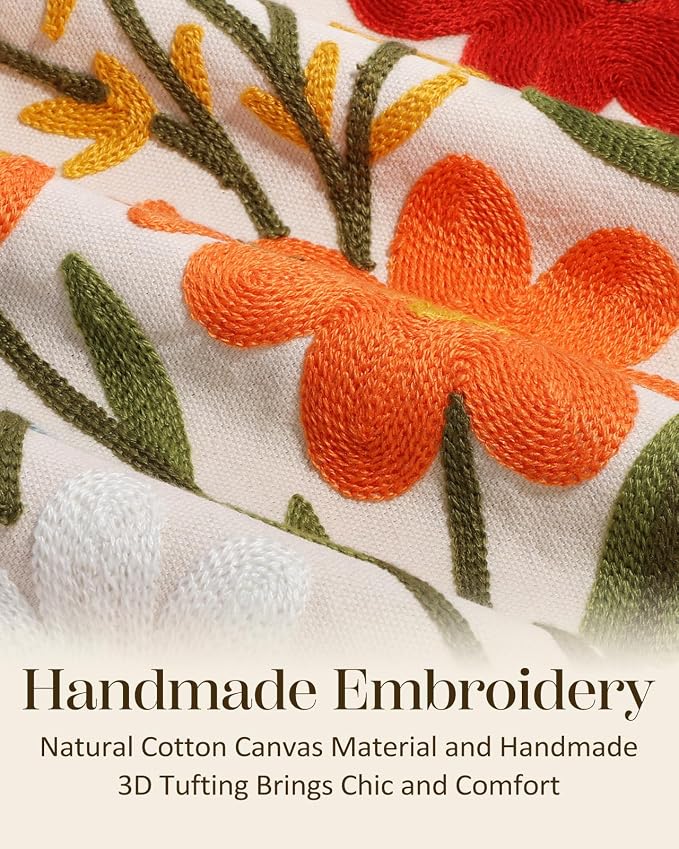 Embroidered Throw Pillow Cover 20x20 Inch, Flower Cluster | Decorative Pillow Cover, Floral Farmhouse Cushion Case with Hidden Zipper, Home Decor for Couch, Sofa, Living Room, Bedroom