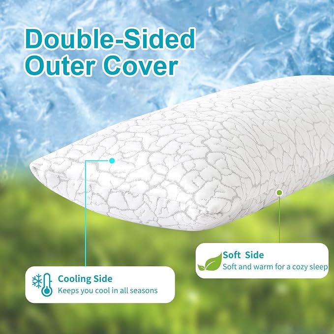 Cooling Body Pillow for Side Sleeper, Long Pillow for Bed, 20x54 in | Shredded Memory Foam, Adjustable Loft, Removable Washable Cover, Side Sleepers & Back Pain Relief