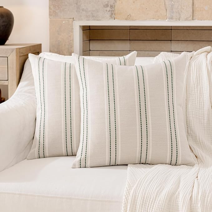 Hckot Spring Throw Pillow Covers 22x22 Set of 2 Green Pillow Covers | Farmhouse Decorative Pillows Textured Linen Square Cushion Covers for Sofa Couch Bed Living Room Decor(Dark Green)