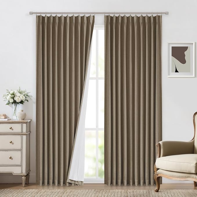 Vision Home Brown Pinch Pleated Full Blackout Curtains Linen Blended 60" Wide Thermal Insulated Window Panels 112 inch for Bedroom Living Room Darkening Pleat Drapes with Hooks Back Tab 60" Wx112 Lx1