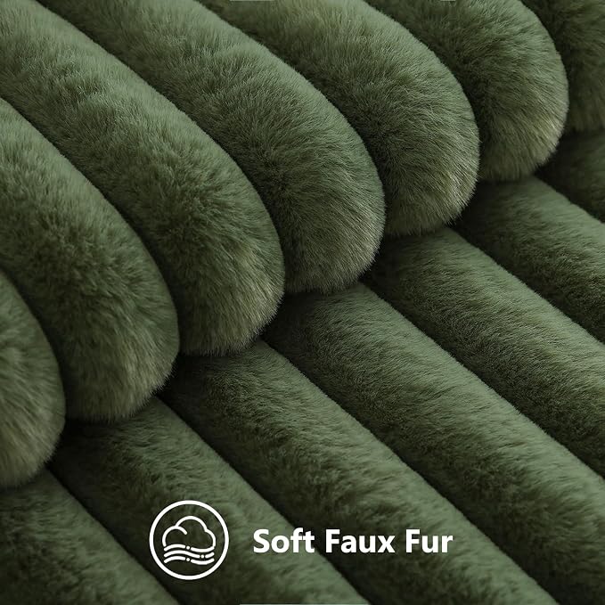 decorUhome Fall Faux Fur Throw Pillow Covers 20x20 Set of 2 Olive Green | Decorative Soft Cozy Striped Plush Modern Farmhouse Boho Couch Pillow Cases Velvet Back for Sofa Bed Living Room Home Decor