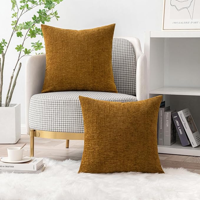 MIULEE Soft Chenille Throw Pillow Covers Mustard 16x16 Inch Pack of 2 | Modern Home Decor, Classic Decorative Pillows, Solid Dyed Cases, Boho Couch Cushion Covers for Sofa Bed Living Room