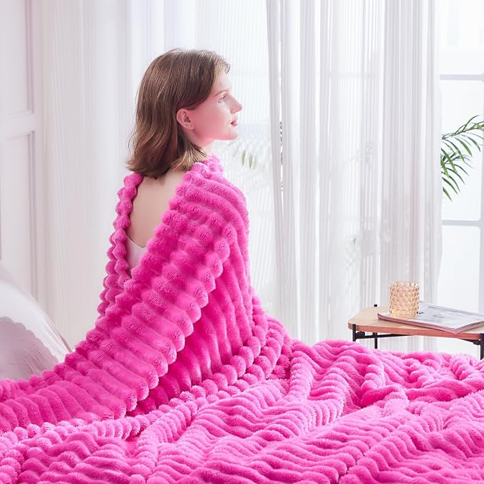 NEWCOSPLAY Fleece Ribbed Cozy King Blanket for Couch, Hot Pink, 90"x110" | Premium Silky Flannel Blanket, Soft Lightweight Fluffy Throw Blanket for Bed Sofa Decor, Gift for All Season Use