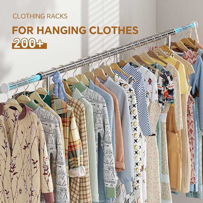 Simple Trending Heavy Duty Clothes Rack, Garment Rack with Extendable Side Rods & Bottom Shelves, 25mm Metal Clothing Rack with Wheels, Bedroom, Laundry Room, Silver