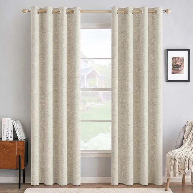MIULEE 100% Blackout Linen Curtains for Bedroom 52x84 Inches Light Ivory | Room Darkening, Light Blocking, Thermal Insulated, Grommet Top, Linen Textured, Window Curtains for Living Room, 2 Panels