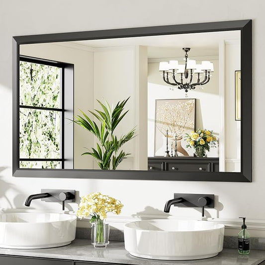 Black Metal Framed Bathroom Wall Mirror, 55x32 Inch | Anti-rust, HD tempered glass, for bathroom vanity, bedroom, living room, horizontal or vertical mount