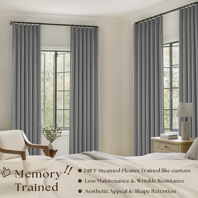 Dark Grey Linen 100% Black Out 120 Inch Curtains for Living Room | Pinch Pleated Back Tab Drapes, Thermal Insulated Full Black Out, W40xL120 Curtains for High Ceiling to Floor, 2 Panels