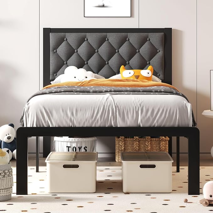Fluest Twin Bed Frame with Headboard Linen Upholstered Bed Frame Platform,All Metal Slats Support Platform Bed Frame with Storage Space,Easy Assembly,Noise Free,No Box Spring Needed,Grey