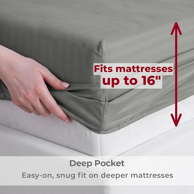 Mellanni Iconic 4-PC, Ultra Soft Sheet Set (Cal King, Striped Gray/Silver) | 10M+ Sleepers. Lab-tested: Sleeps Cool, Stays Bright, Strong, Smooth. Good Housekeeping Best Bedding, 7 yrs running.