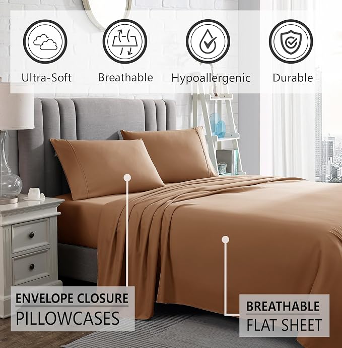 American Home Collection King Sheet Set - Ultra-Soft Microfiber 15-Inch Deep Pocket - Wrinkle Free and Fade Resistant (Tan)