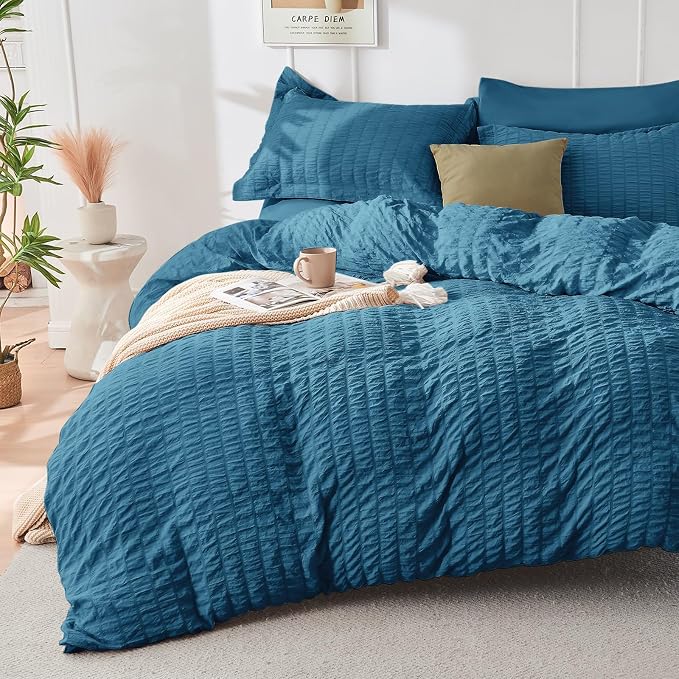HYMOKEGE Teal California King Comforter Set Seersucker 7 Pieces, All Season Luxury Bed in a Bag for Bedroom, Bedding Set with Comforters, Sheets, Pillowcases & Shams
