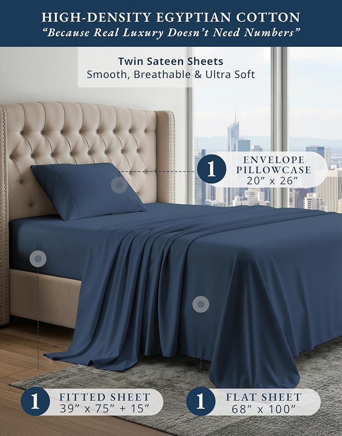 LANE LINEN Twin Bed Sheet Set 100% Egyptian Cotton Sateen - Dark Denim | Deep Pocket Twin Sheets - 3-Piece Set, Ideal For Dorms And Guest Beds, For A Luxurious Night's Sleep, Luxe Sheen