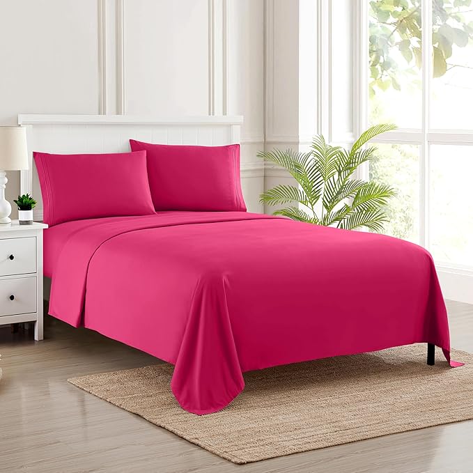Full Size Sheet Set with Built-in Sheet Straps - Deep Pocket Fitted Sheet, Flat Sheet & Pillowcases - Soft, Wrinkle-Free, Secure Fit - Fuschia