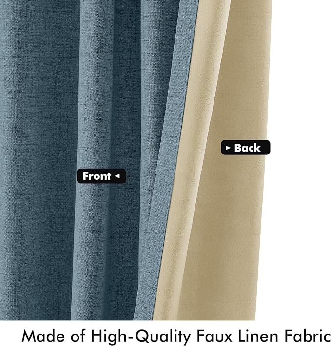MIULEE 100% Blackout Linen Curtains 42 x 72 Inch Stone Blue 2 Panels | Thermal Insulated, Room Darkening Drapes for Bedroom Living Room, Back Tab Rod Pocket Pinch Pleated, Solid Luxury Decor