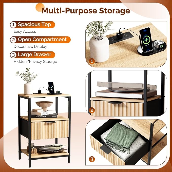 VINGLI Nightstands Set of 2 with Fabric Drawer, Fluted Nightstand with Charging Station, Oak Night Stand Set 2 Bed Side Tables, End Tales Bedroom with Charger Station, 14.96"W*11.81"D*23.7"H, 2 pcs
