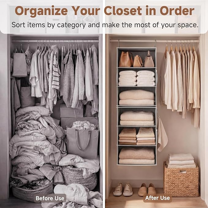 StorageWorks Hanging Closet Organizer, 6-Shelf with 2-in-1 Design, Ivory | Maximize Closet Space with Reinforced Shelves, Small Closet Storage Solution for Bedrooms, Dorms and RVs, Jumbo