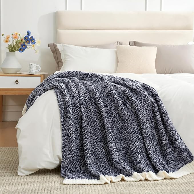 Snuggle Sac Navy Throw Blanket for Couch, Oversized Throw XL Super Soft Warm Blankets Cozy Knit Fuzzy Lightweight Throws for Sofa, Bed, Living Room, Heather Navy, 50x70 inches