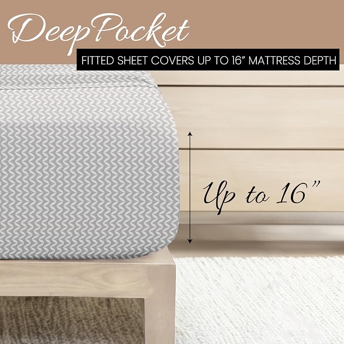 Linen Market Double-Brushed Patterned Microfiber California King Sheet Set 4 Piece – Oeko-TEX Certified Ultra Soft & Wrinkle-Free - 16" Deep Pocket Sheets Easy Care Cal-King Size - Chevron Light Gray