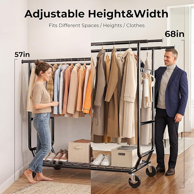 HOKEEPER Clothes Rack Heavy Duty Clothing Rack Load 650 LBS Collapsible | Garment Rack with Wheels Double Rod Clothes Rack for Hanging Clothes Commercial Portable Black, 2 Packs 22"D*75"W*68"H