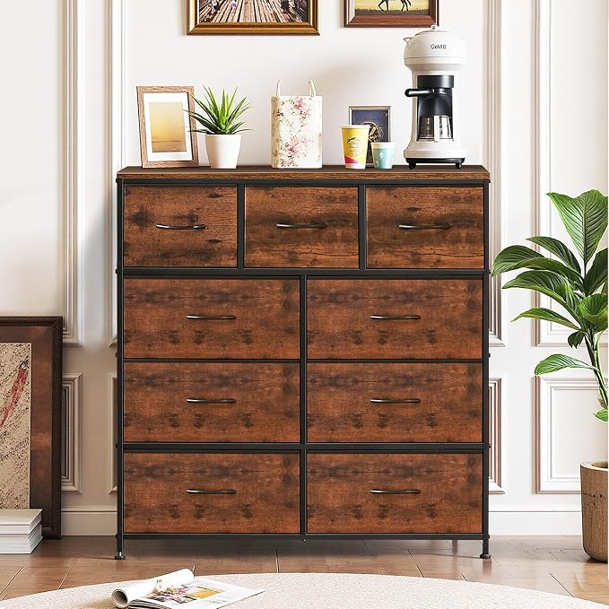 9-Drawer Dresser for Bedroom, Anti-Tip Tall Storage Organizer | Chest of Drawers with Wooden Top and Metal Frame Fabric Bins for Closet, Living Room, Hallway, Entryway, Brown