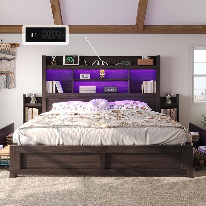 LUXOAK California King Bed Frame with Storage, Bookcase Headboard,Black | 49.6" Headboard, Wood Platform Bed, Charging Station, Bedside Storage, 4 Storage Drawers, No Box Spring Needed, Farmhouse