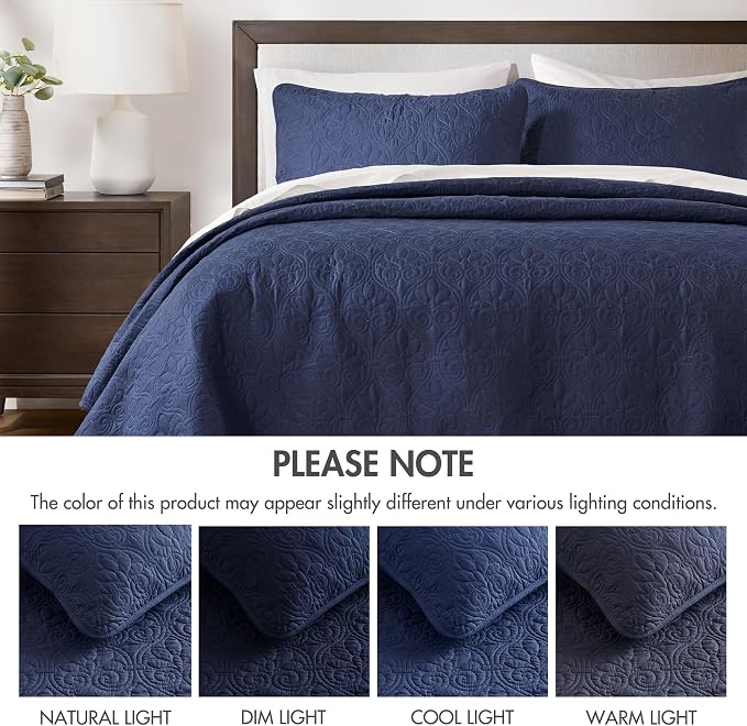 Madison Park Luxurious Cotton Damask Quilt Set, 3PC Full/Queen Bed Set | All Season, Lightweight Stitching Coverlet Bedspread Bedding Stitching with Shams, Navy