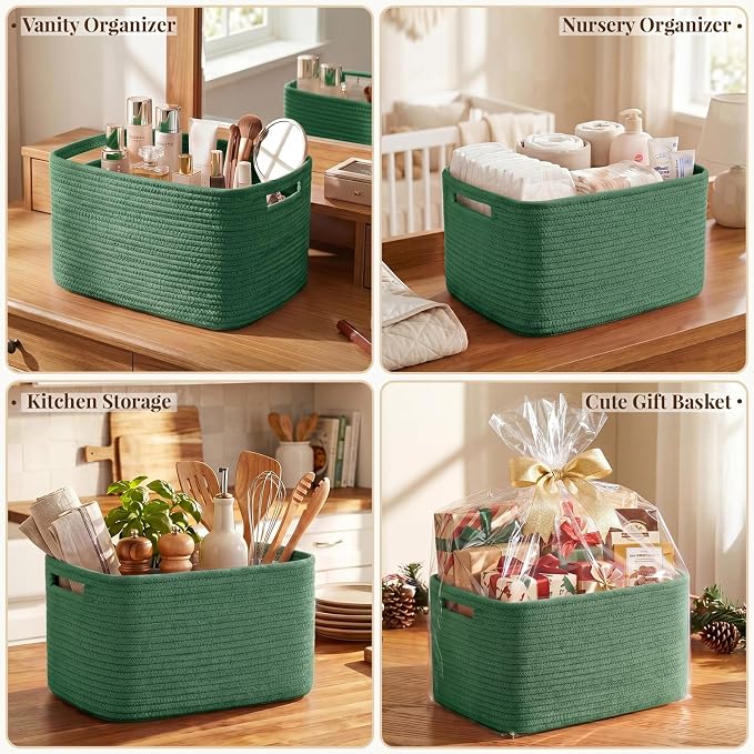 OIASKET 4Packs Natural Cotton Rope Storage Baskets for Organizing Toys, Clothes, Towels & Books, Soft Versatile Organizers for Shelves, Home Decorative Bins, 13''Lx9''Wx7.8''H, Green