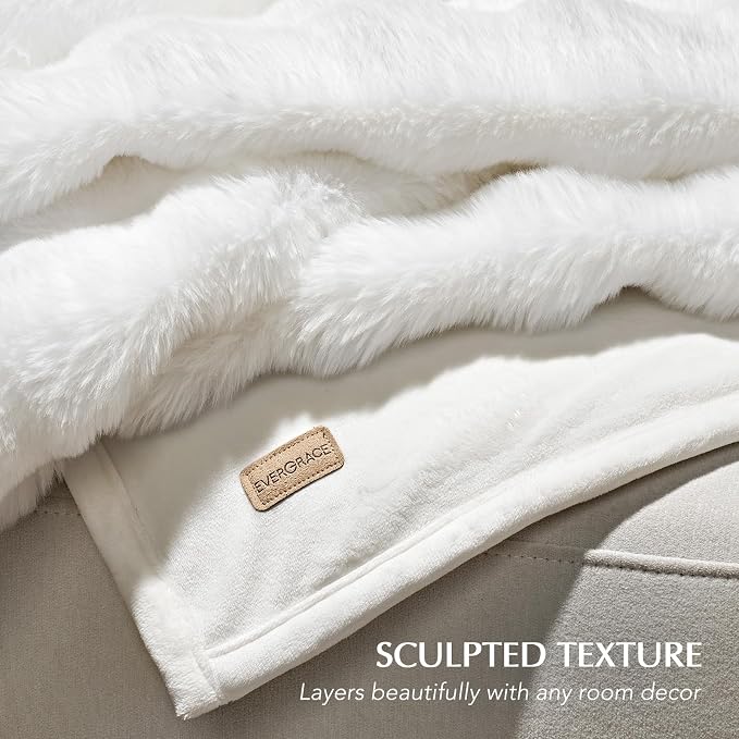 EverGrace Faux Rabbit Fur Bubble Throw Blanket, 50"x60", Bright White | Ultra Soft, Luxury Faux Rabbit Fur Throw, Thick Warm Bubble Blanket, Cozy Fluffy Reversible, for Bed, Couch, Chair, Sofa