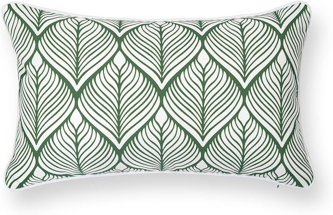 Hofdeco Premium Coastal Patio Indoor Outdoor Lumbar Pillow Cover Only, 12"x20" Water Repellent for Backyard, Couch, Green Print Geometric Leafs